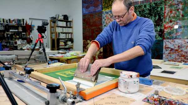 Video-Portrait of the artist Jean-Pierre Sergent screen-printing the Shakti-Yoni: Ecstatic Cosmic Dances series #76