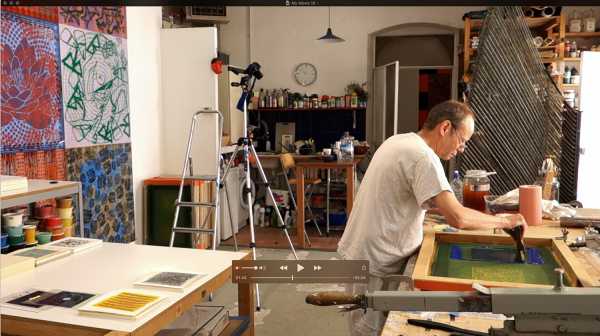 Jean-Pierre sergent, Portrait of the artist screen-printing the 'Shakti-Yoni: Ecstatic Cosmic Dances' Series #21