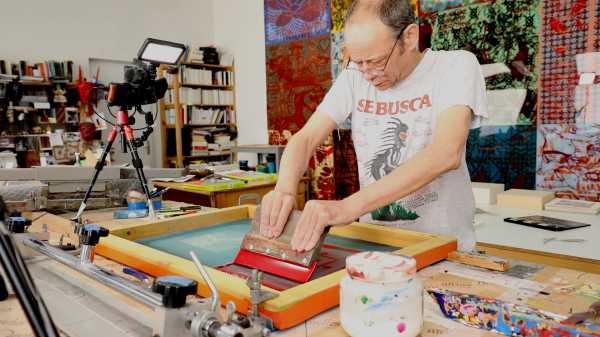 Video-Portrait of the artist screen-printing the Shakti-Yoni: Ecstatic Cosmic Dances series #88