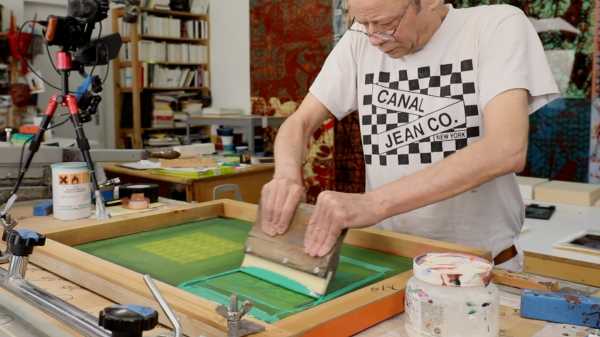 Video-Portrait of the artist Jean-Pierre Sergent screen-printing the Shakti-Yoni: Ecstatic Cosmic Dances series #94