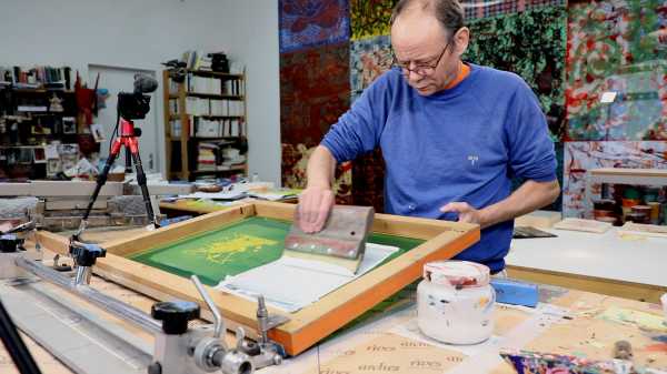 Video-Portrait of the artist Jean-Pierre Sergent screen-printing the Shakti-Yoni: Ecstatic Cosmic Dances series #72