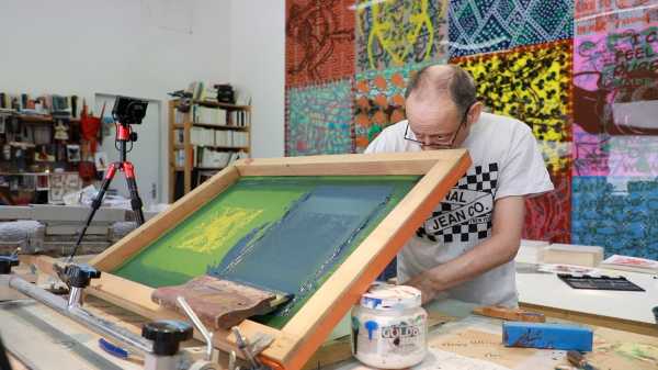 Portrait of the artist Jean-Pierre Sergent silkscreening his Shakti-Yoni: Ecstatic Cosmic Dances Series #59 | 08.14.2019