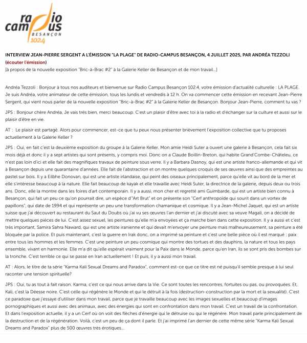 Transcription de l'INTERVIEW JEAN-PIERRE SERGENT À L'ÉMISSION "LA PLAGE" DE RADIO-CAMPUS BESANÇON, PAR ANDRÉA TEZZOLI
