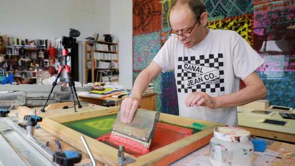 Portrait of the artist Jean-Pierre Sergent silkscreening his Shakti-Yoni: Ecstatic Cosmic Dances Series #55 | 07.17.2019