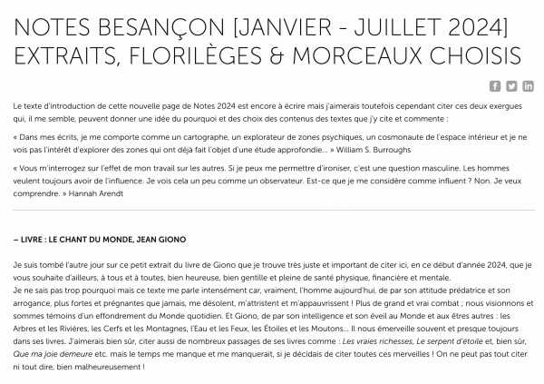 Jean-Pierre Sergent, NOTES BESANÇON [JANVIER - JUILLET 2024] EXTRAITS, FLORILÈGES & MORCEAUX CHOISIS [108 pages, en cours d'écriture]