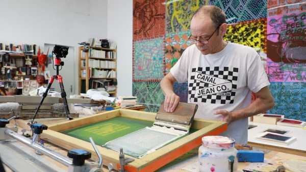 Jean-Pierre Sergent, Portrait of the artist silkscreening his Shakti-Yoni: Ecstatic Cosmic Dances Series #62 | 08.28.2019