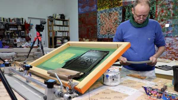 Video-Portrait of the artist Jean-Pierre Sergent screen-printing the Shakti-Yoni: Ecstatic Cosmic Dances series #77