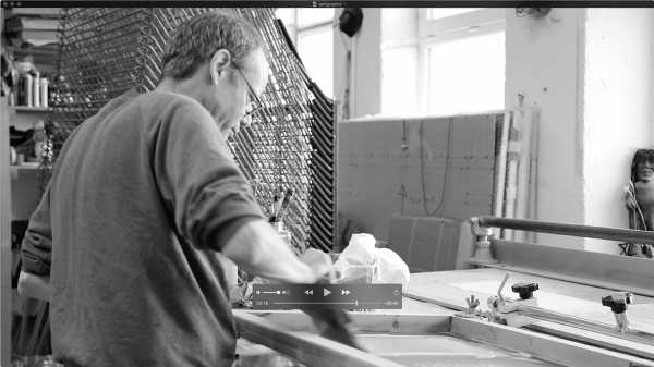 Jean-Pierre Sergent, Portrait of the artist screen-printing the 'Shakti-Yoni: Ecstatic Cosmic Dances' Series #46