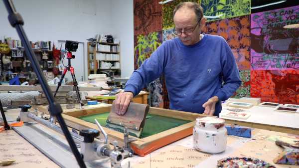 Portrait of the artist Jean-Pierre Sergent silkscreening his Shakti-Yoni: Ecstatic Cosmic Dances Series #66 | 10.13.2019