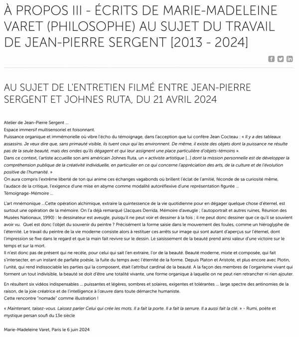 À PROPOS III - 11 ÉCRITS CRITIQUES DE MARIE-MADELEINE VARET (PHILOSOPHE) AU SUJET DU TRAVAIL DE Jean-Pierre Sergent [2013 - 2024]