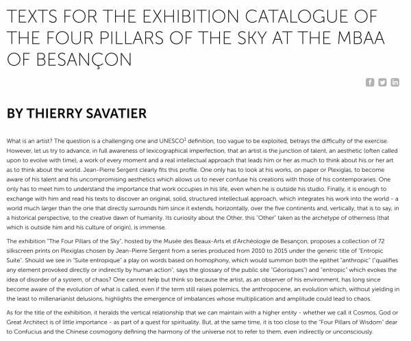 Texts for the exhibition catalogue of, Jean-Pierre Sergent, The Four Pillars of the Sky at the MBAA of Besançon