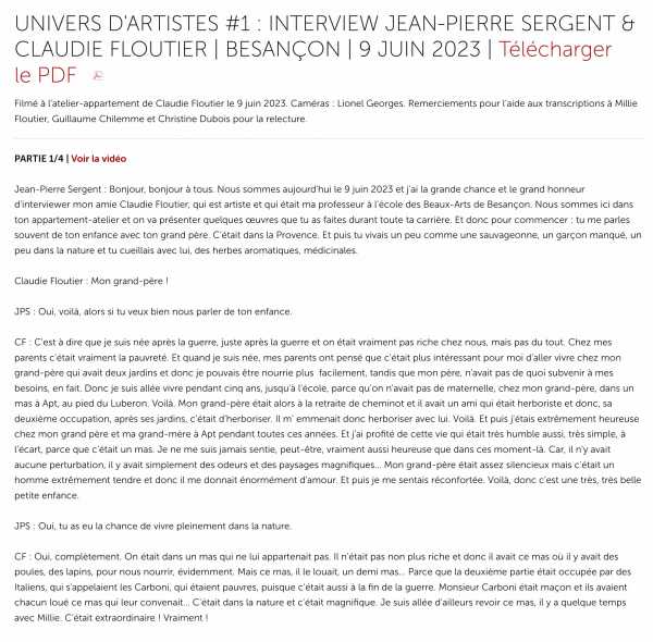 Transcription of filmed interviews: Univers d'artistes #1, between artists Jean-Pierre Sergent & Claudie Floutier
