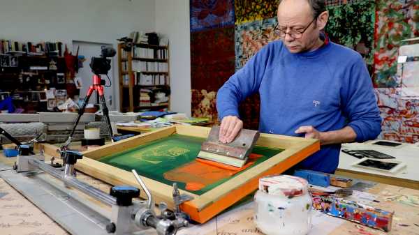 Video-Portrait of the artist Jean-Piere Sergent screen-printing the Shakti-Yoni: Ecstatic Cosmic Dances series #81