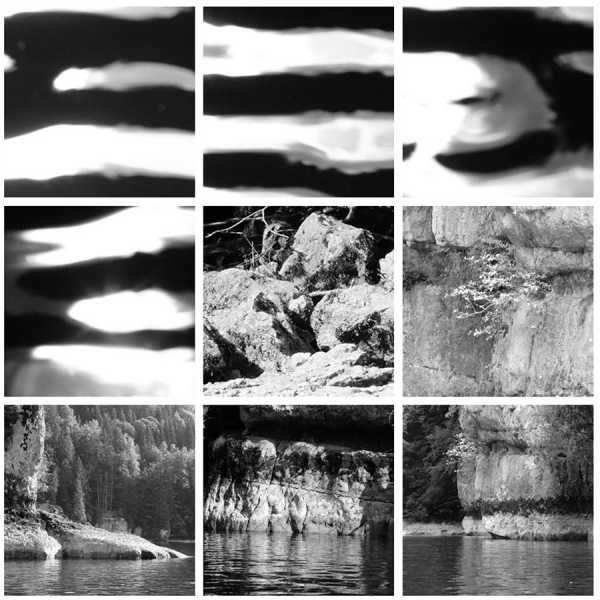 Jean-Pierre Sergent, "Water, Rocks, Trees & Skies" #3, photos from canoe trips over the Doubs River