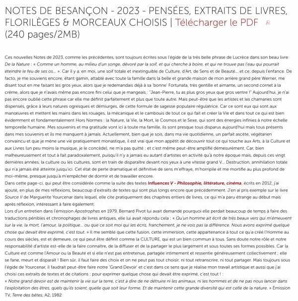 NOTES DE BESANÇON - 2023 - PENSÉES, EXTRAITS DE LIVRES, FLORILÈGES & MORCEAUX CHOISIS