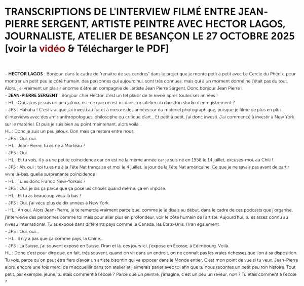 TRANSCRIPT OF INTERVIEW BETWEEN ARTIST JEAN-PIERRE SERGENT AND JOURNALIST HECTOR LAGOS | BESANÇON WORKSHOP, OCTOBER 27th, 2025