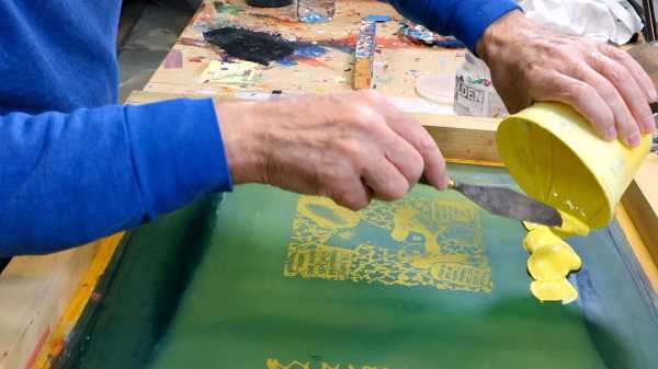 Video-Portrait of the artist Jean-Pierre Sergent screen-printing the Shakti-Yoni: Ecstatic Cosmic Dances series #79