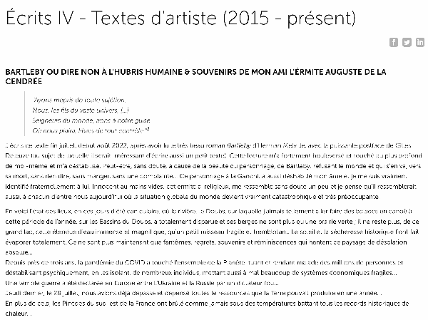 Jean-Pierre Sergent, texte BARTLEBY OU DIRE NON À L'HUBRIS HUMAINE & SOUVENIRS DE MON AMI L'ÉRMITE AUGUSTE DE LA CENDRÉE