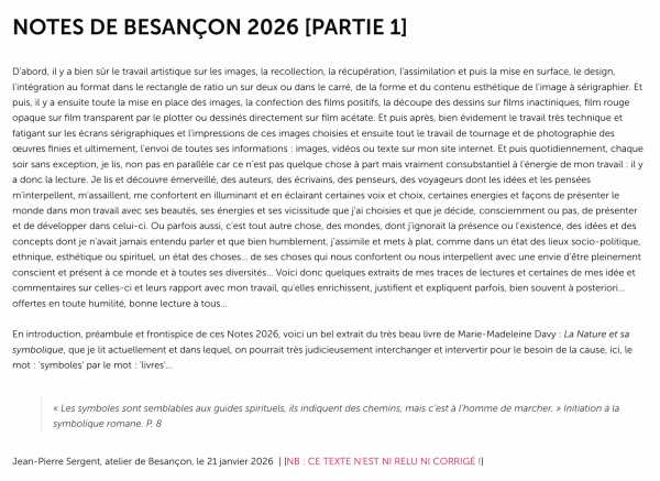 Artiste Jean-Pierre Sergent, NOTES DE BESANÇON [2026 / PARTIE 1], EXTRAITS, FLORILÈGES & MORCEAUX CHOISIS...