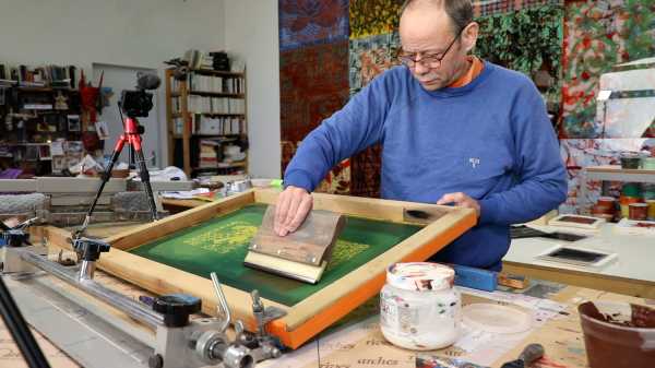 Video-Portrait of the artist Jean-Pierre Sergent screen-printing the Shakti-Yoni: Ecstatic Cosmic Dances series #74