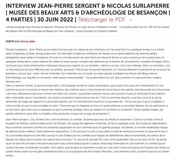 Transcript of the interview of artist Jean-Pierre Sergent with Nicolas Surlapierre, director of Besançon Fine Arts & Archeology Museum, June 30 2023