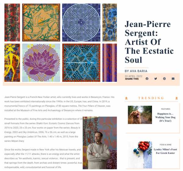 Article, jean-pierre sergent: artist of the ecstatic soul, by ava baria & sooni gander in happy ali magazine exhibition: polyphonies: arts, cultures & civilizations