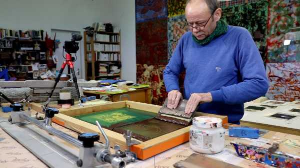 Video-Portrait of the artist Jean-Pierre Sergent screen-printing the Shakti-Yoni: Ecstatic Cosmic Dances series #80