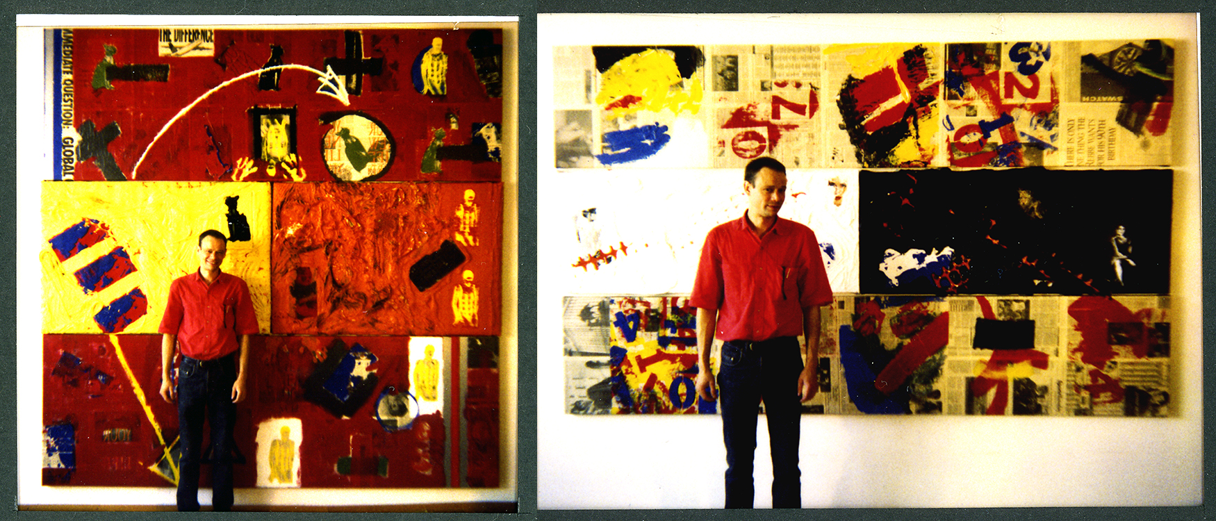 Paintings including several materials: news papers, Plexiglas, ropes, fence net, glass beads and acrylic paint on canvas, #1: 167 x 2,76 cm, #2: 2,76 x 2,76 cm, 1992