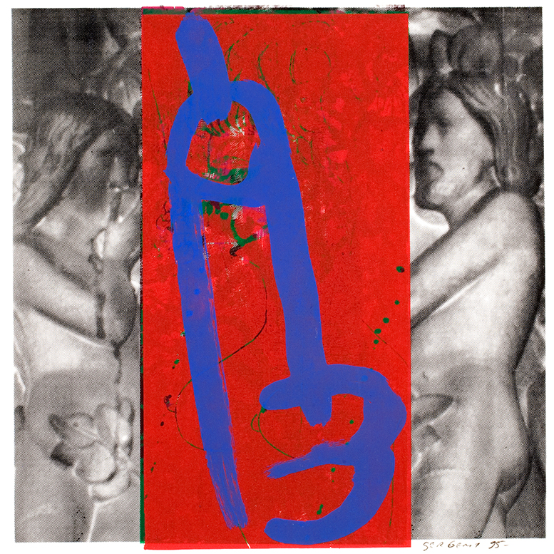- Jean-Pierre Sergent, &Egrave;ve, Adam & les graffitis, acrylic hand silk-screened on Rives B.F.K. paper, 58 x 39 cm, New York, 1995.