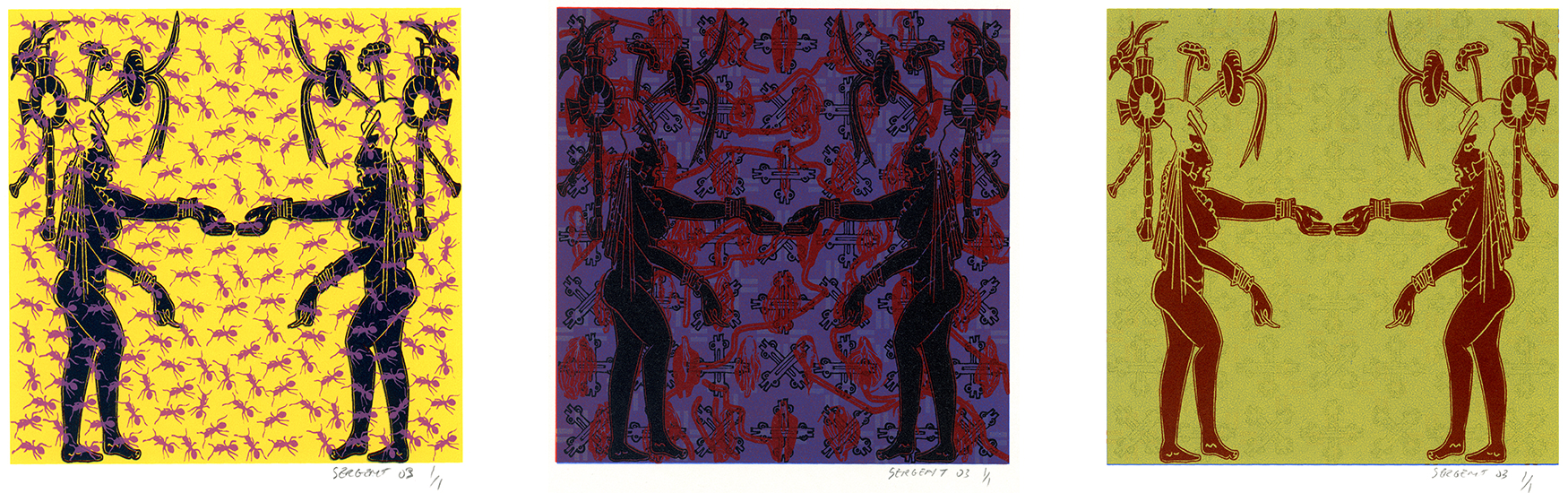 - 1-3, "Lady of the Ants", 2003, acrylic hand silk-screened on BFK Arches white 250g, unique print, 25,5 x 25,5 cm.