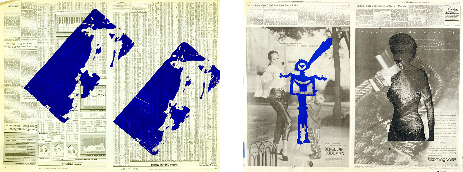"The Hidden Silkscreens", 1992, hand-silkscreened acrylic paint and acrylic paint on newsprint, unique print, 52 x 67 cm. 