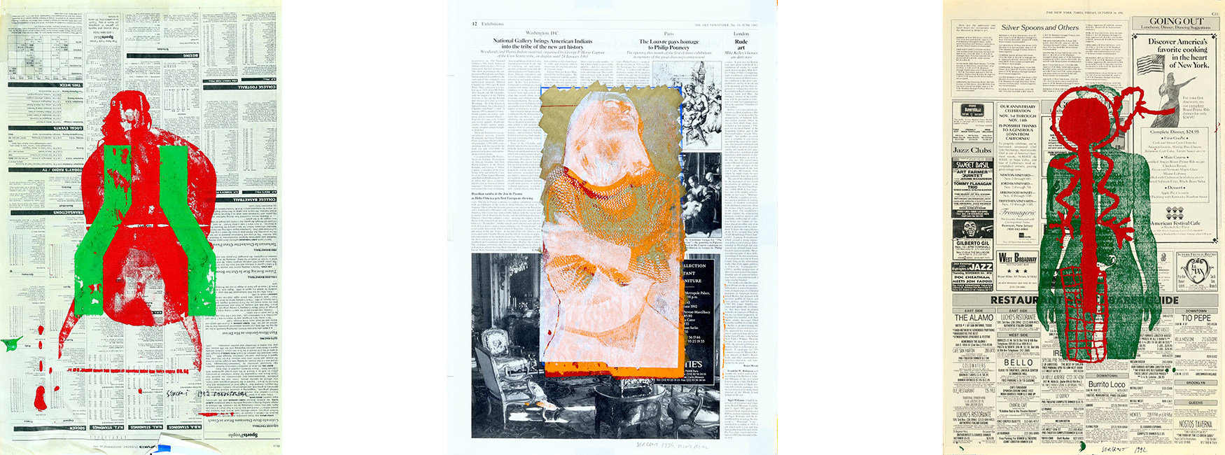 Artist Jean-Pierre Sergent, "The Hidden Silkscreens", 1992, hand-silkscreened acrylic paint and acrylic paint on newsprint, unique print, 67 x 52 cm. 