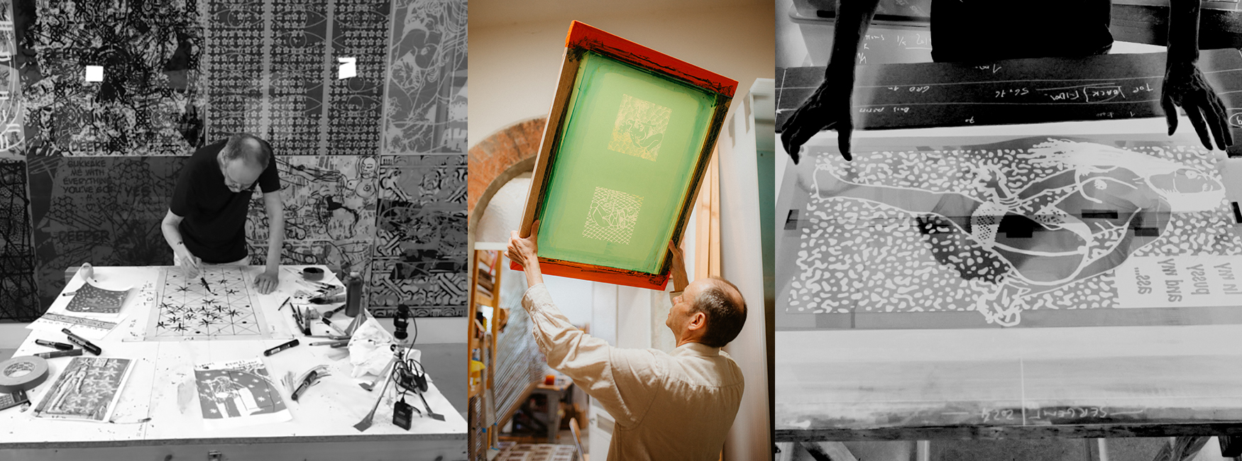 Portrait of the artist working in his Besan&ccedil;on studio #5, silk-screening his images, photo by Sonia Oysel, July 7th 2018.