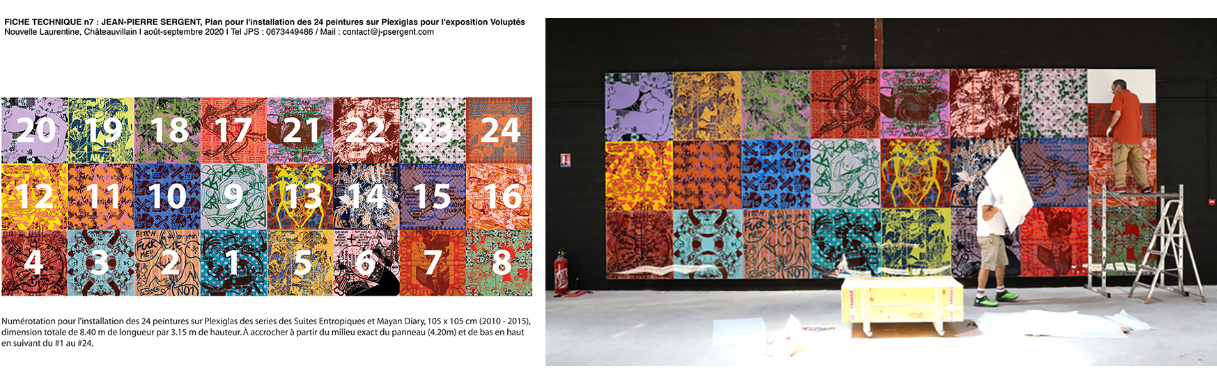 "Cosmic Mechanics of Sexual Ecstasies", monumental mural installation of 24 paintings (1.05 x 1.05 m), screen-printed acrylic on Plexiglas, 8.40 x 3.15 m,, &nbsp;Maison Laurentine,, Ch&acirc;teauvillain, France, 2020