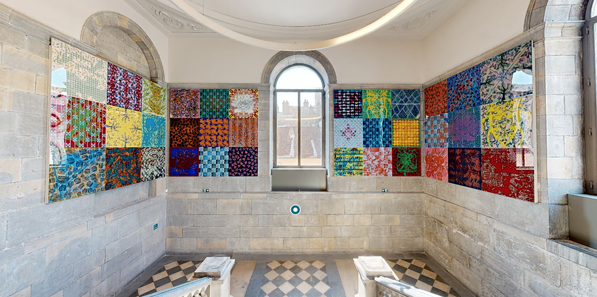 Artist Jean-Pierre Sergent, - Artist mural installation of "4 Pillars Of The Sky", Besan&ccedil;on Fine Arts & Archeology Museum, photo by Mathieu Allard, August 24th 2023.